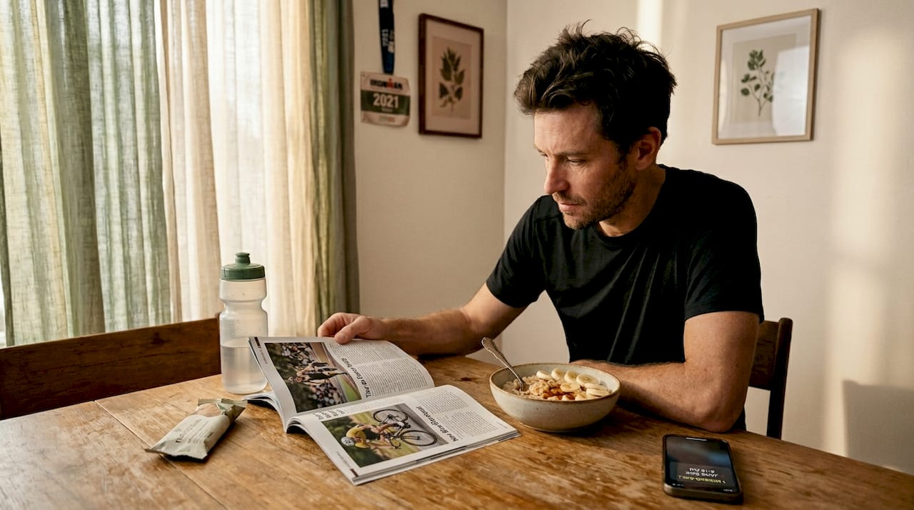 Cyclist eating carb loaded breakfast before event