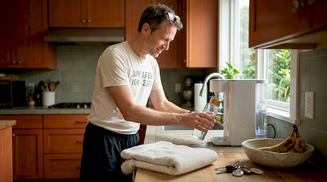 Man filling water bottle in kitchen morning