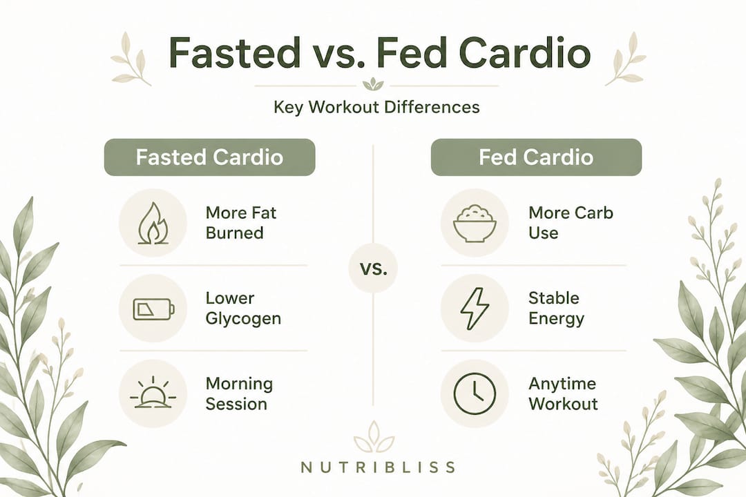 Infographic comparing fasted and fed cardio key differences