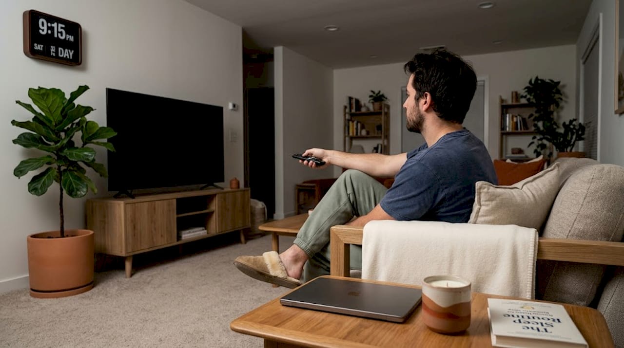 Man turning off TV before bedtime routine