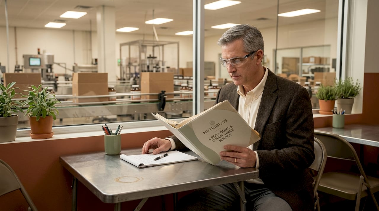 Auditor reviewing policy binder near factory floor