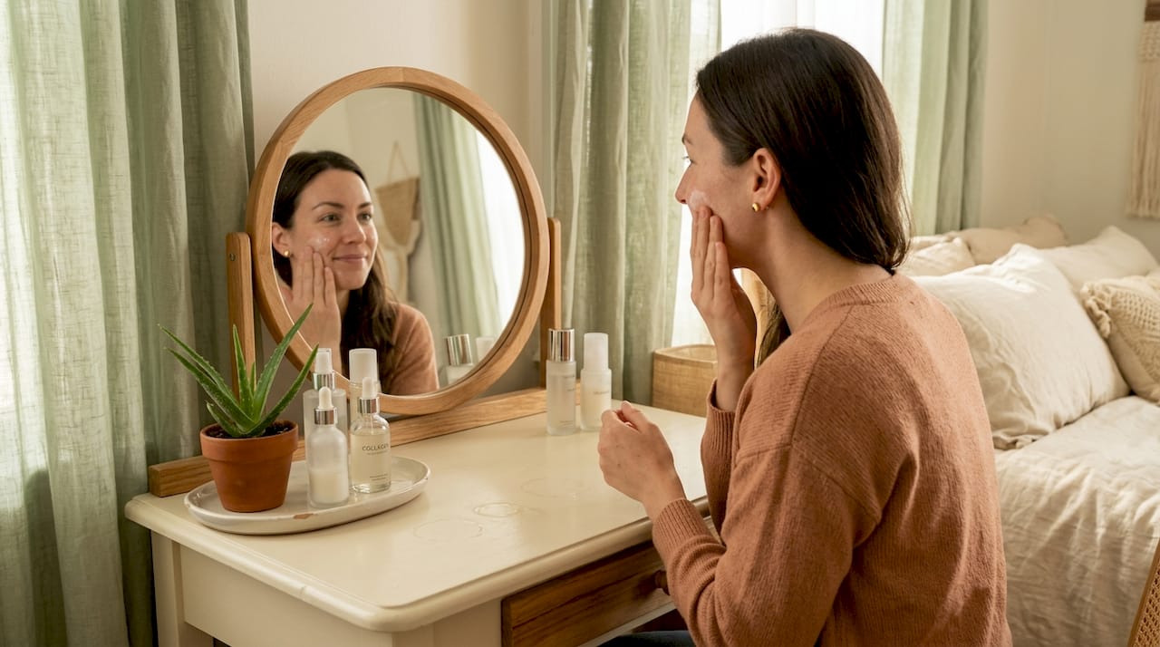 Woman applying moisturizer at vanity with collagen bottle