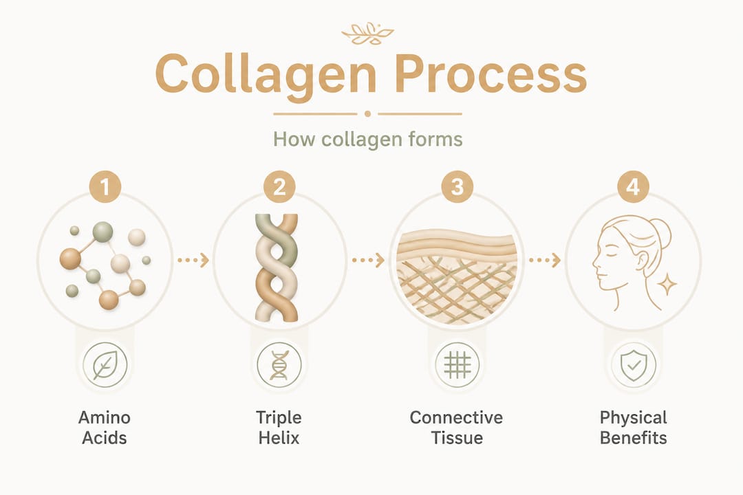 Infographic showing collagen synthesis steps and benefits