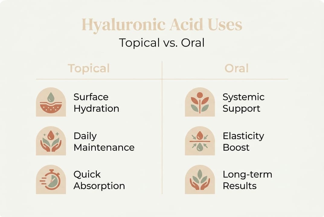 Infographic comparing topical and oral hyaluronic acid uses