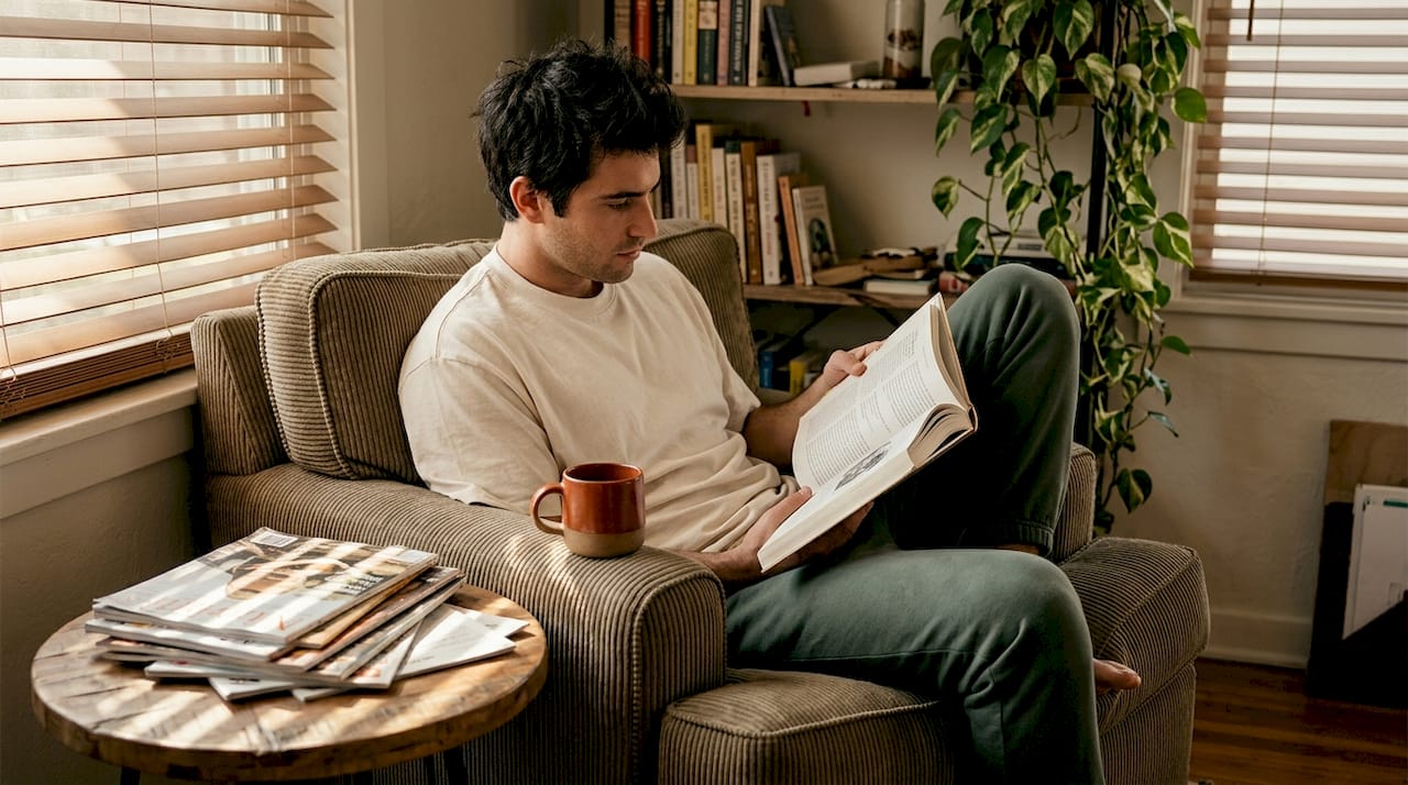 Man reading with coffee in casual living room