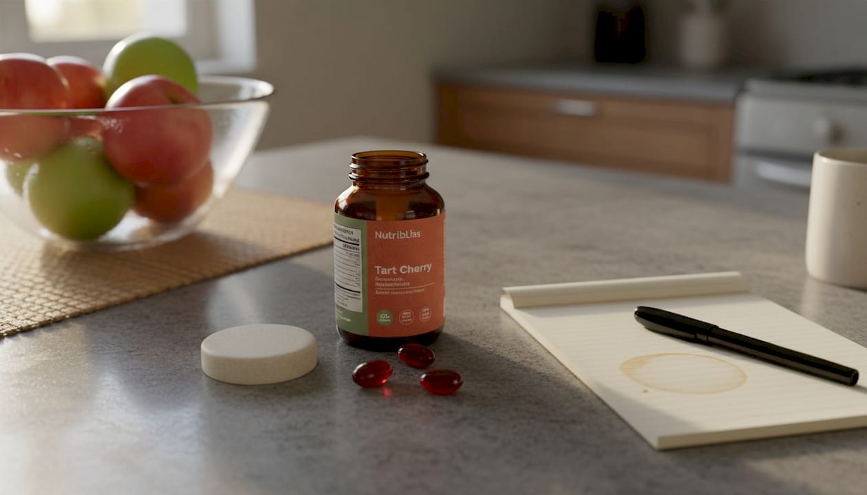 Tart cherry supplement bottle and capsules on kitchen island