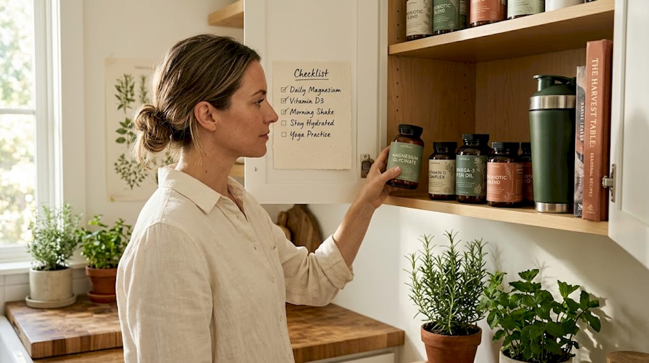 Woman inspecting vitamin supplement cabinet