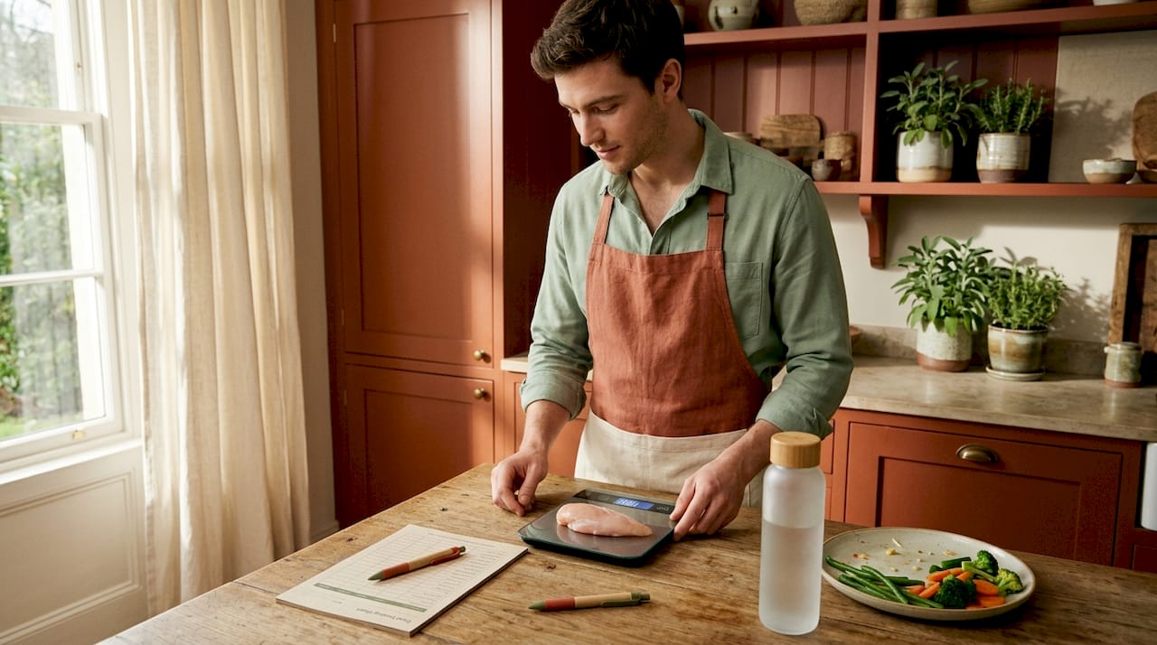Man weighing food portion at table
