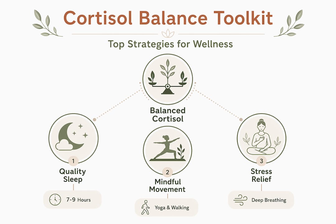 Infographic showing core strategies for cortisol balance
