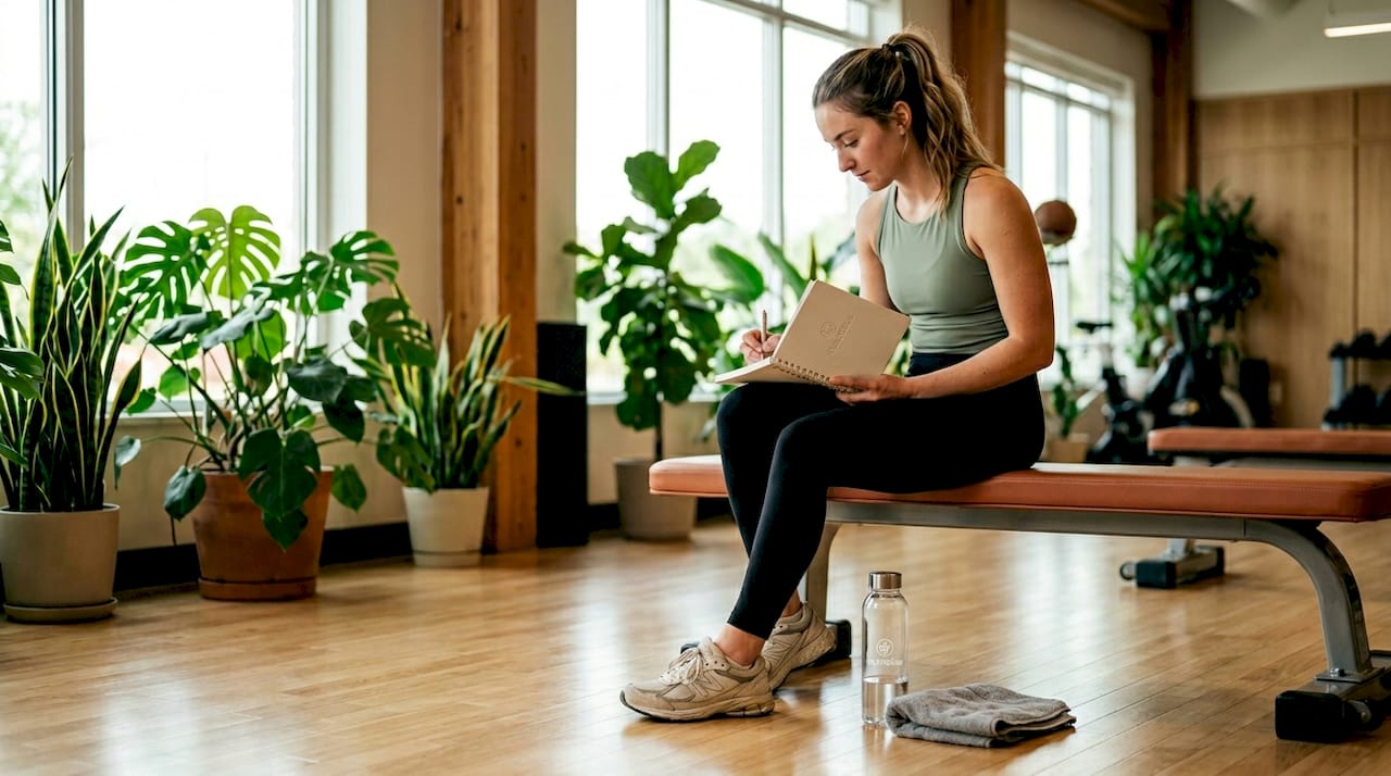 Woman recording workout details in gym