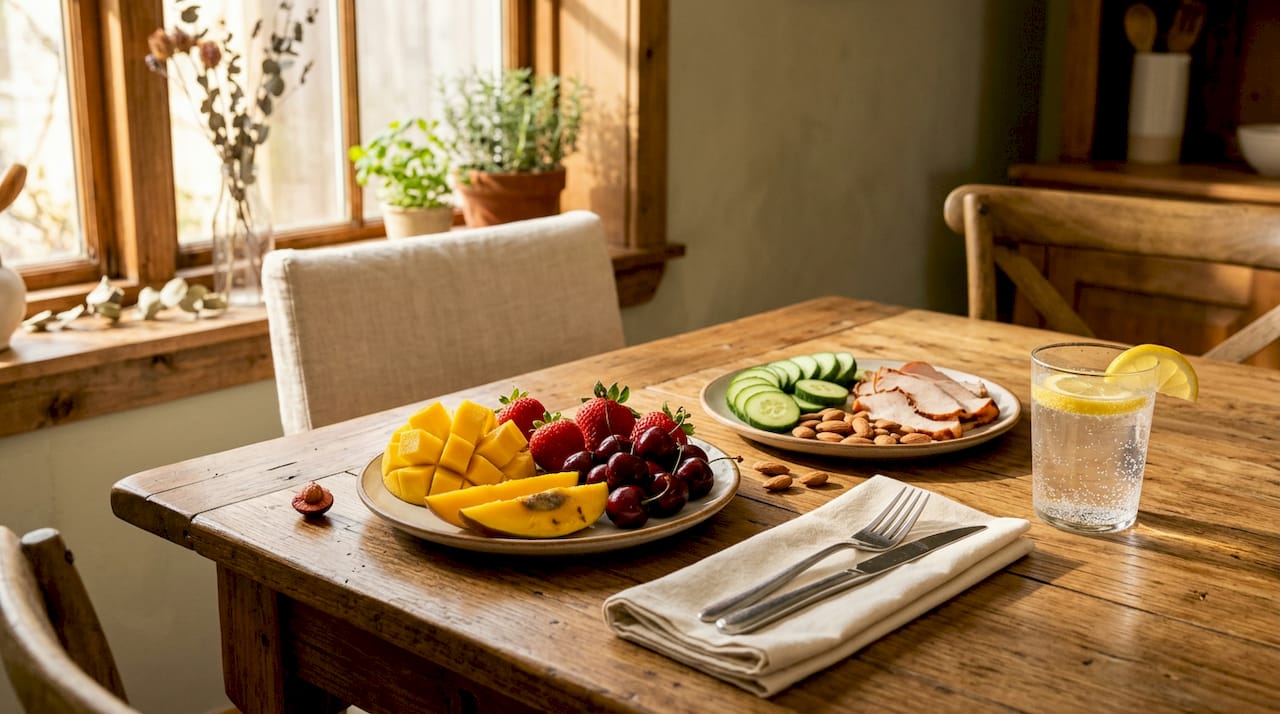 Fresh produce and snacks on table