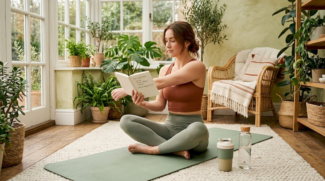 Woman stretching post workout at home