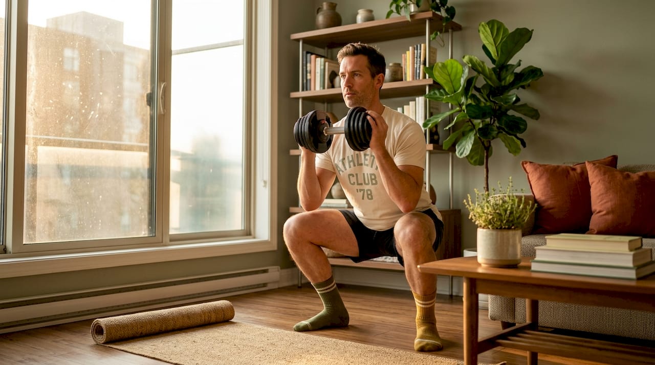 Man doing squats with dumbbells in living room