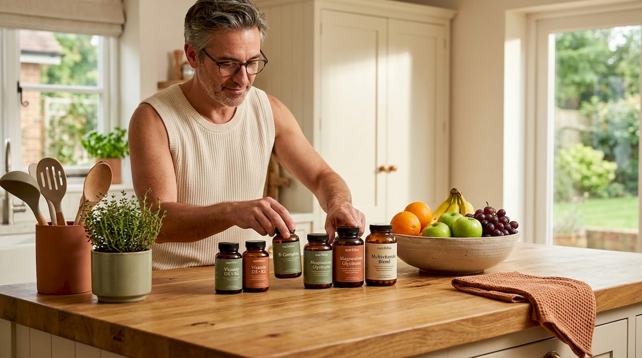 Man organizing vitamin supplements on kitchen counter