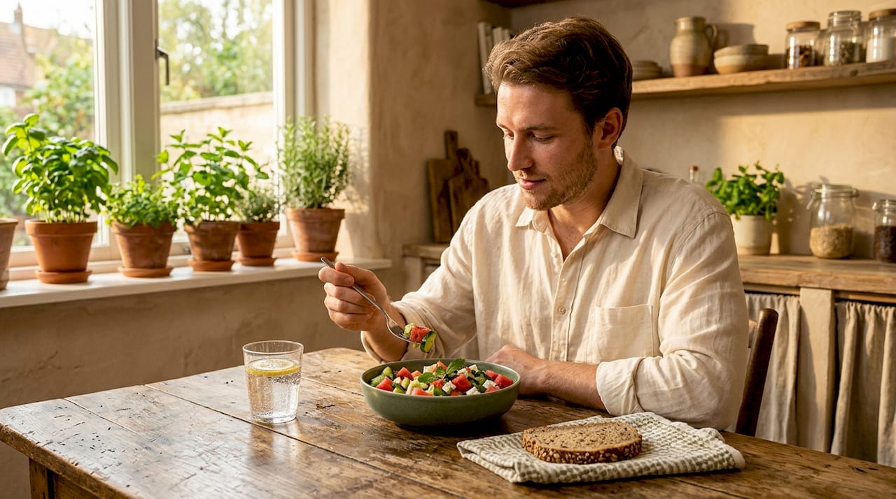 Man eating cucumber watermelon salad with water glass