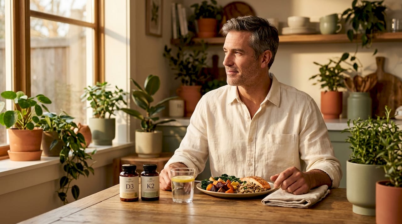 Man eating lunch with D3 K2 bottles on table
