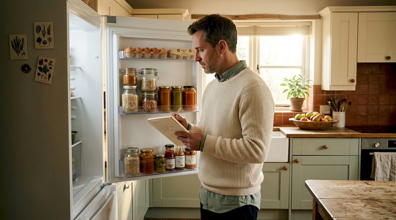 Man reviewing fridge while planning meals