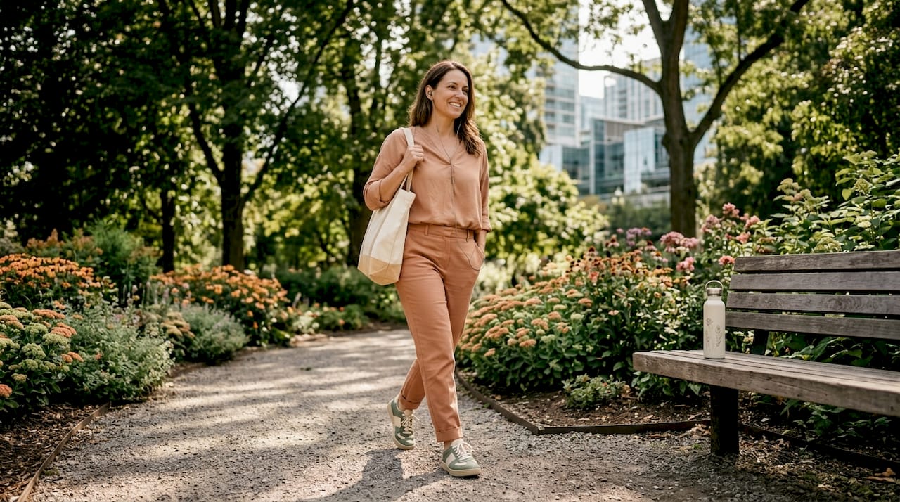 Professional woman walking for midday energy