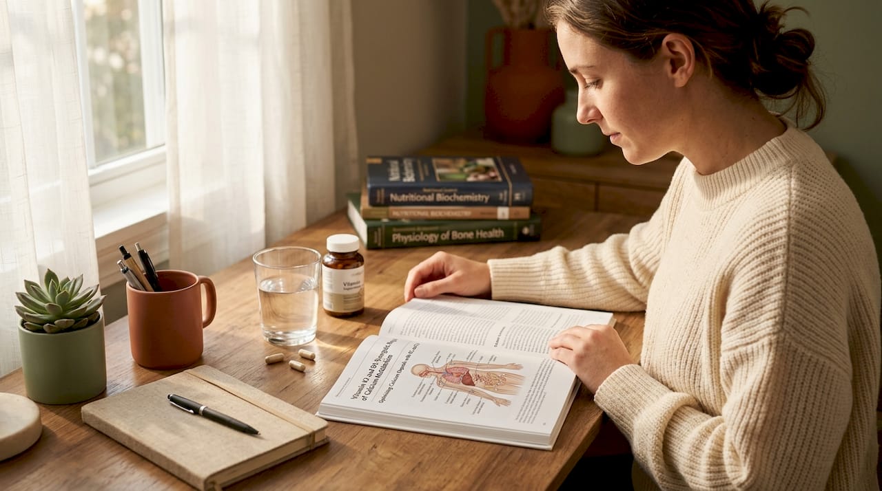 Researcher's desk showing calcium and vitamins illustration