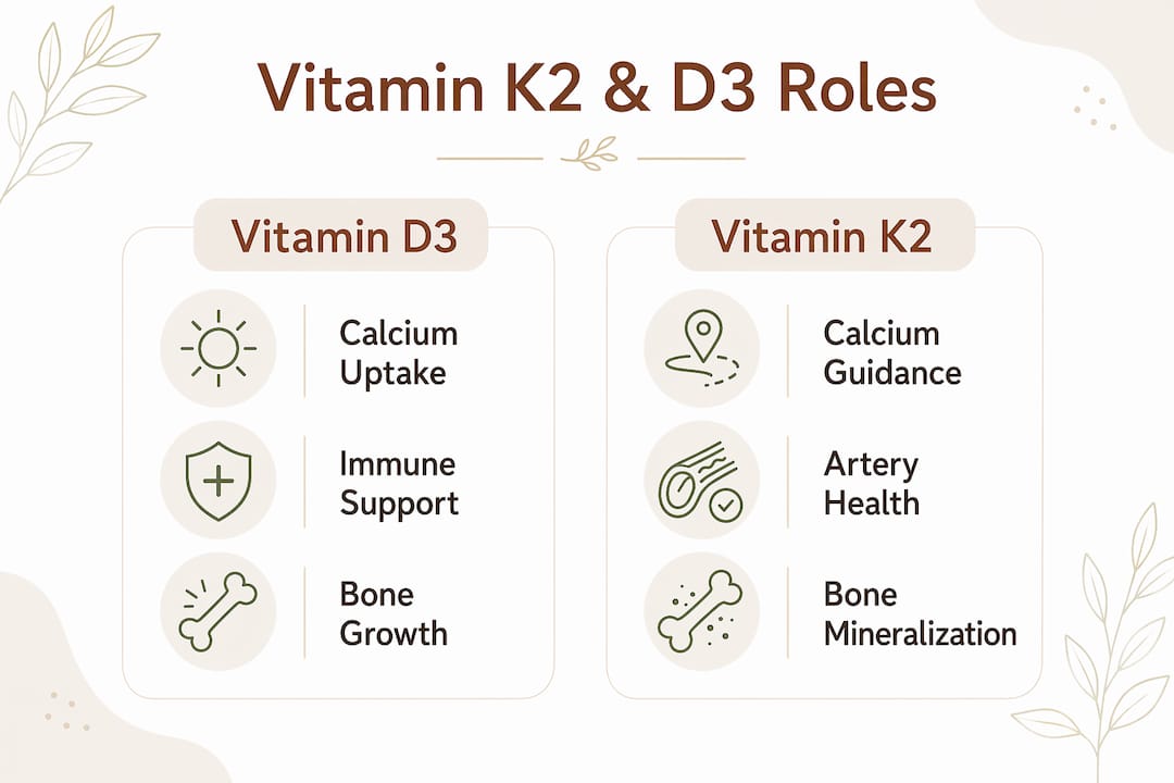 Infographic highlighting vitamin K2 and D3 complementary roles