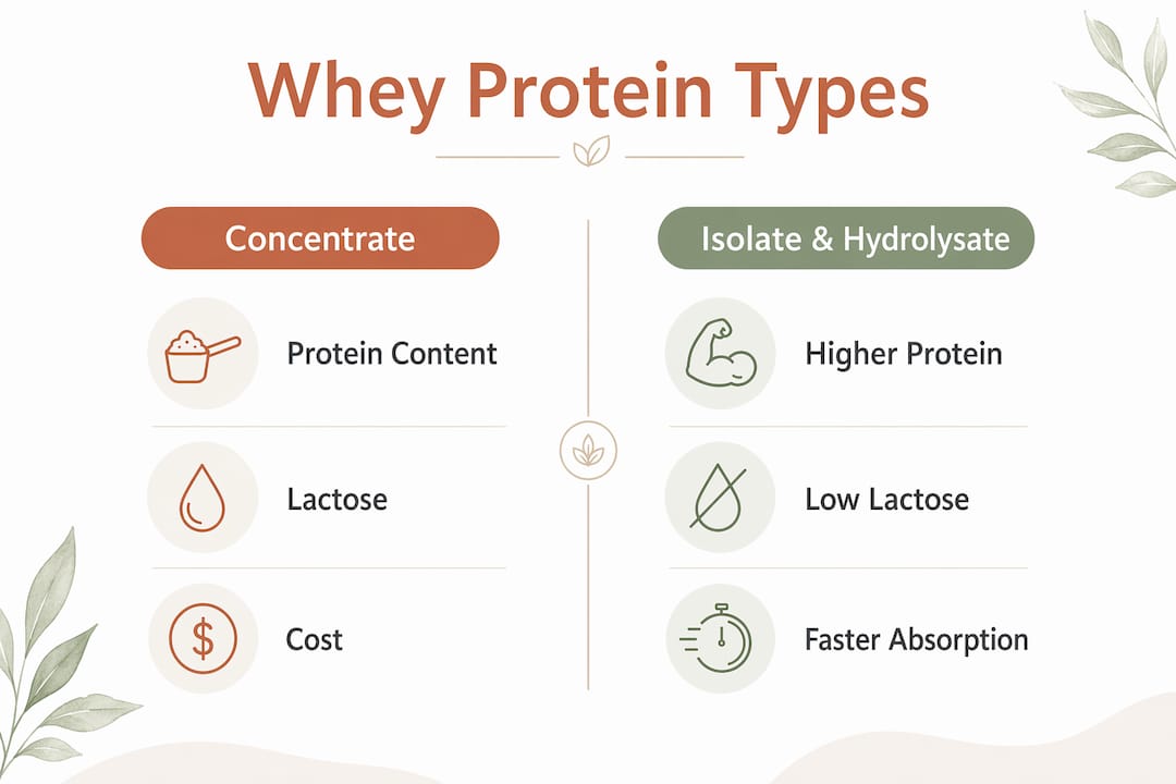 Infographic comparing whey protein concentrate versus isolate and hydrolysate