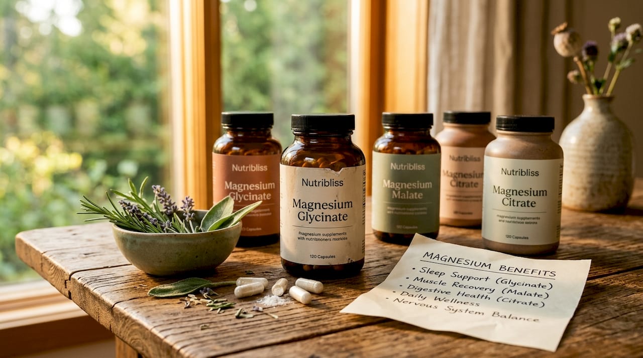 Variety of magnesium supplement compounds on table