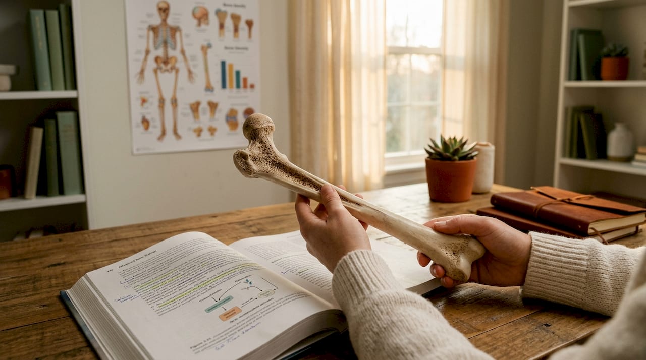 Hands holding bone model with study materials