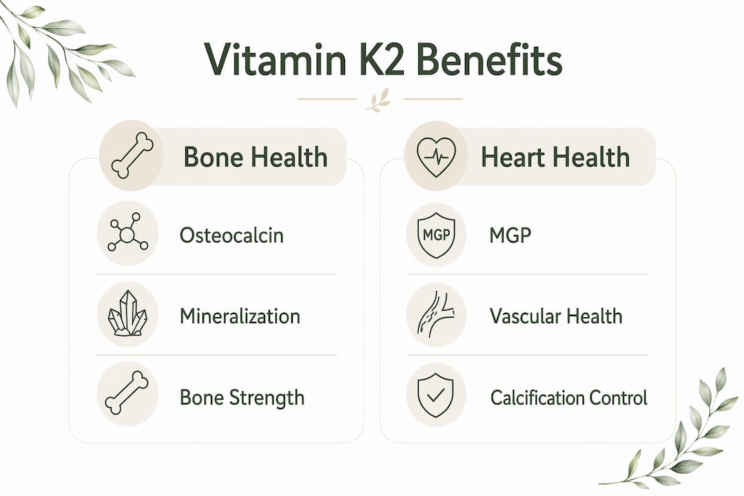 Infographic showing vitamin K2 benefits for bone and heart