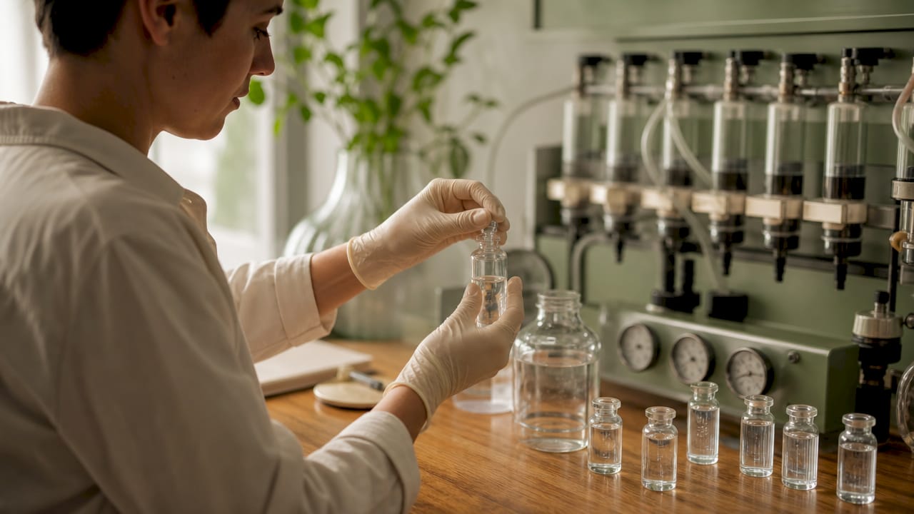 Technician handling clear whey protein samples