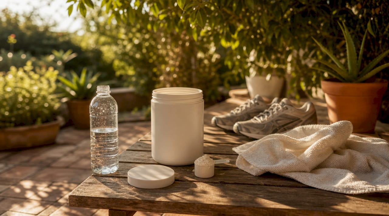 Gym essentials with whey protein on bench