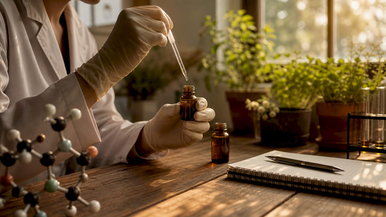 Lab technician holding vitamin K2 vials and calcium model