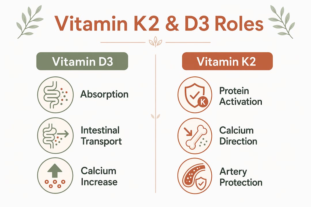 Infographic comparing roles of Vitamin D3 and Vitamin K2