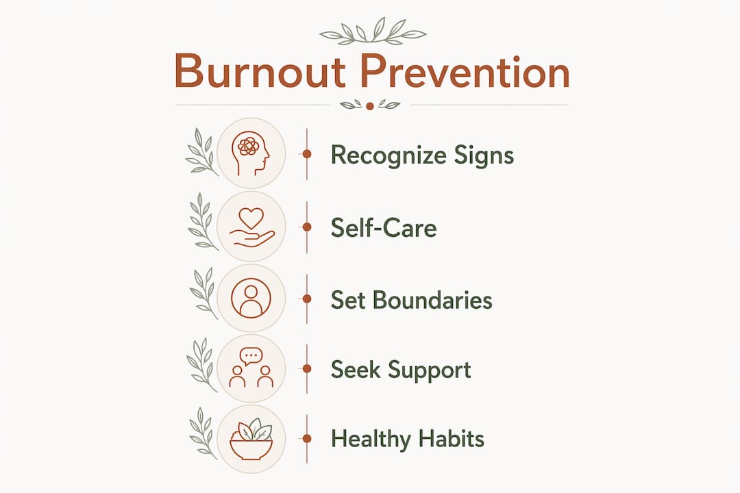 Infographic illustrating five key burnout prevention strategies