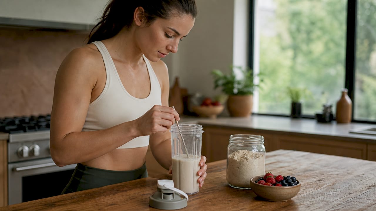 Hands mixing whey protein in kitchen