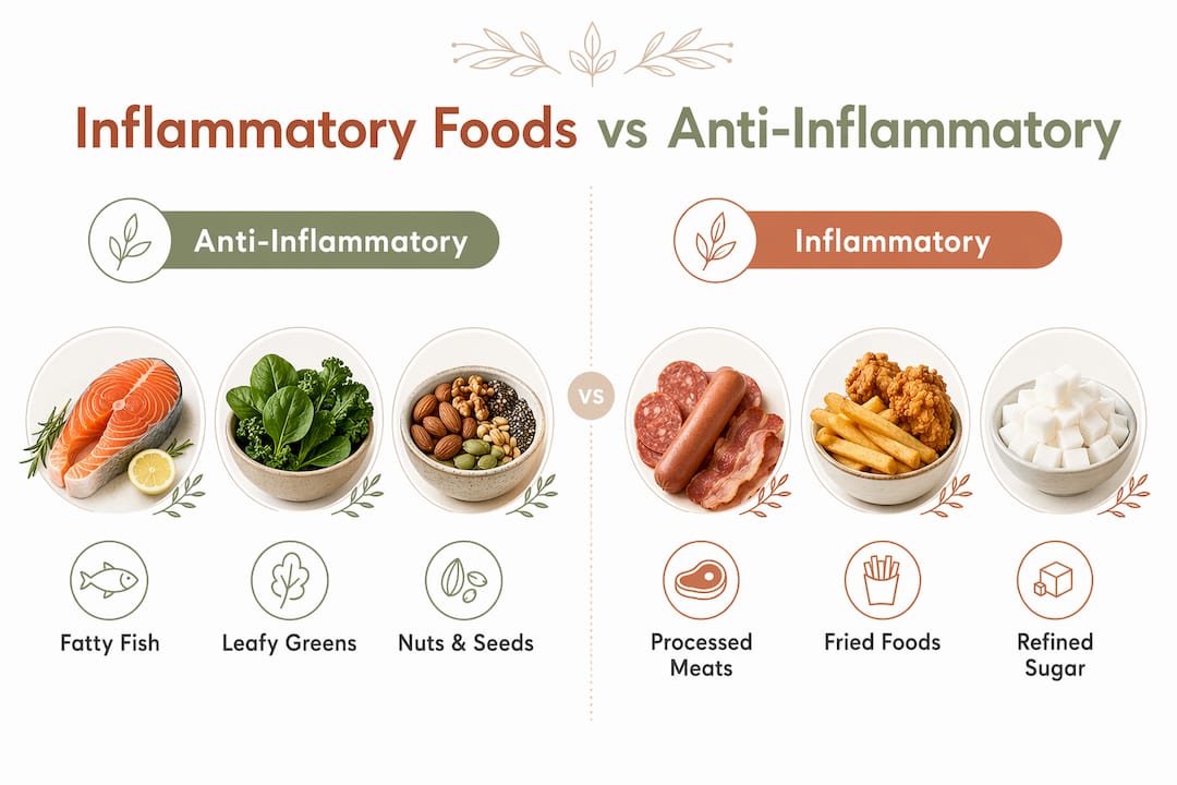 Infographic comparing inflammatory and anti-inflammatory foods