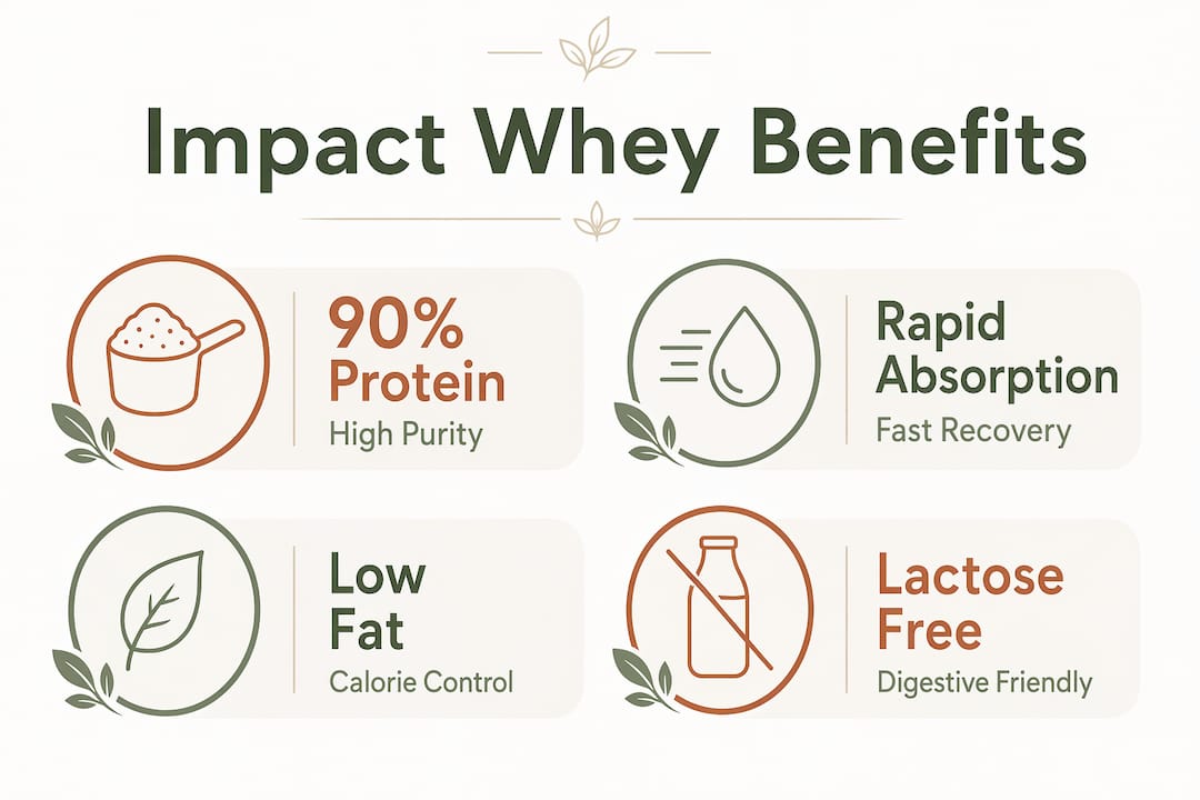 Infographic showing key benefits of Impact Whey Isolate