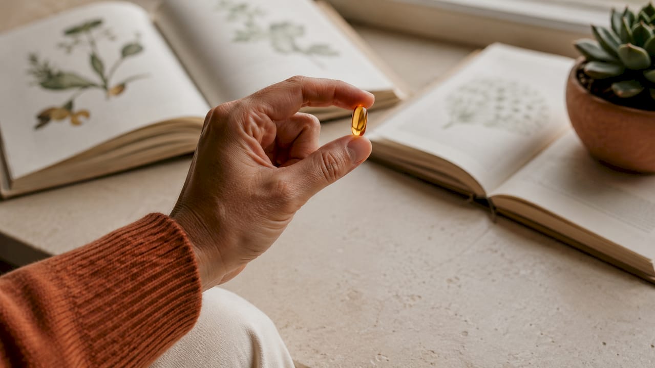 Close-up of hand holding vitamin D capsule over desk