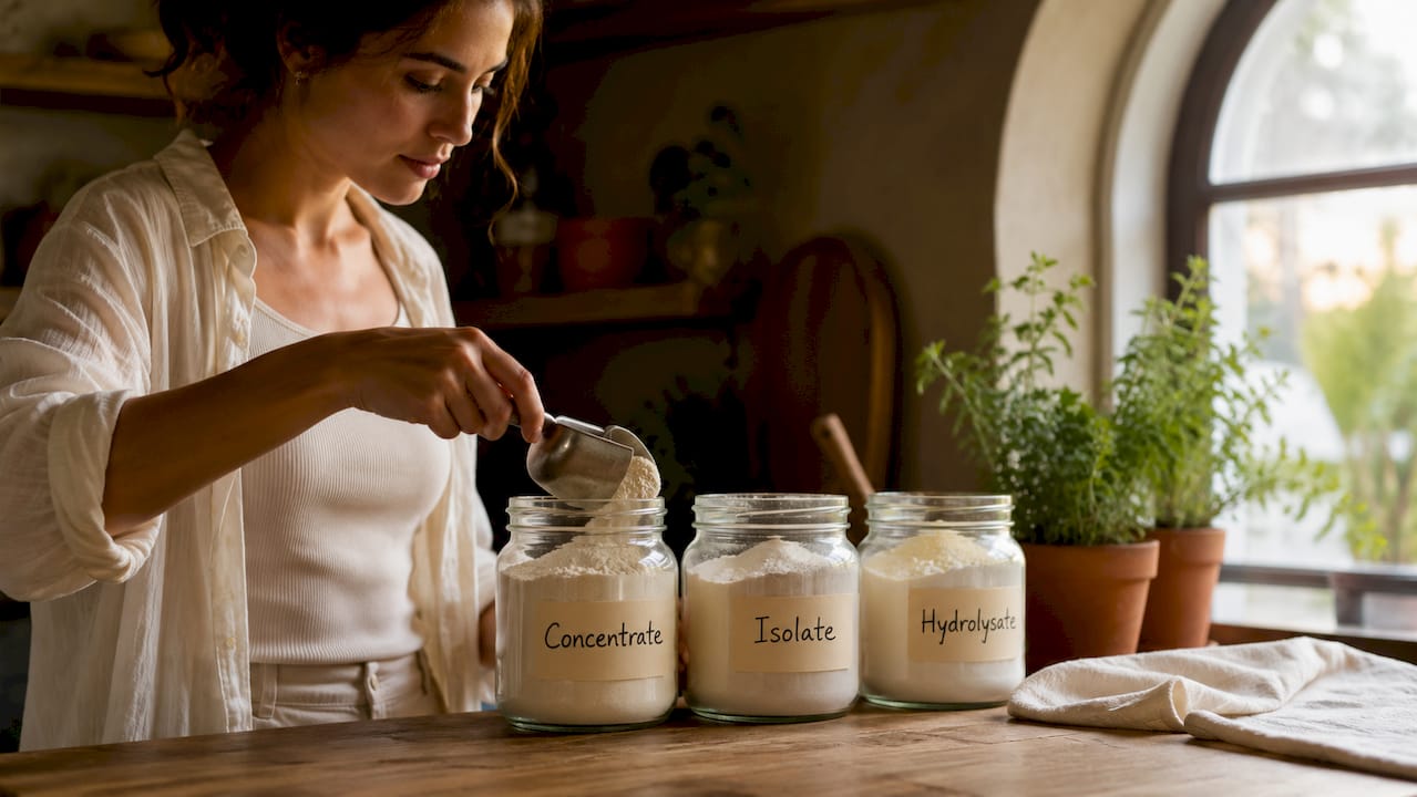 Jars labeled with whey protein types concentrate isolate hydrolysate