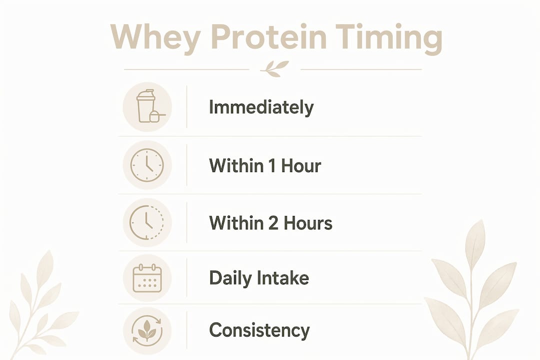 Infographic illustrating whey protein timing and dosage steps