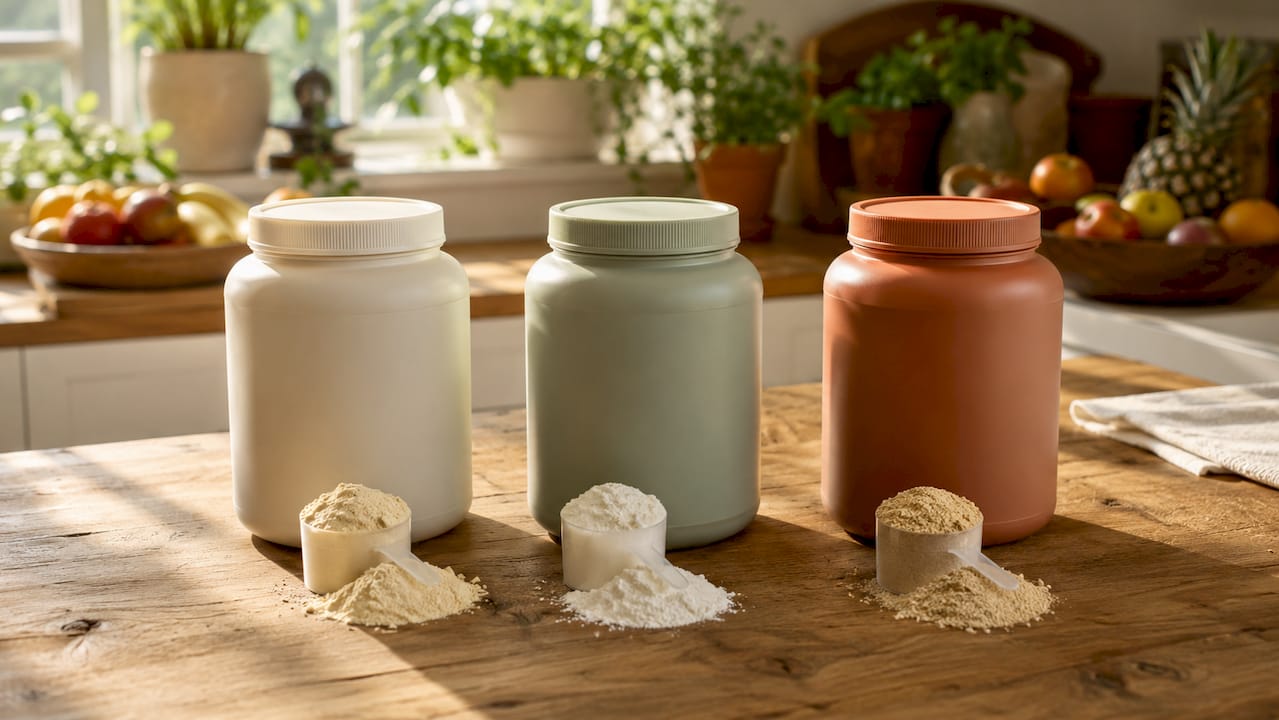 Close-up of different whey protein powders with scoops
