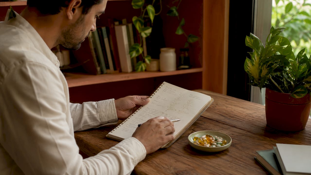 Nutritionist's hands with vitamin chart tablet and capsules