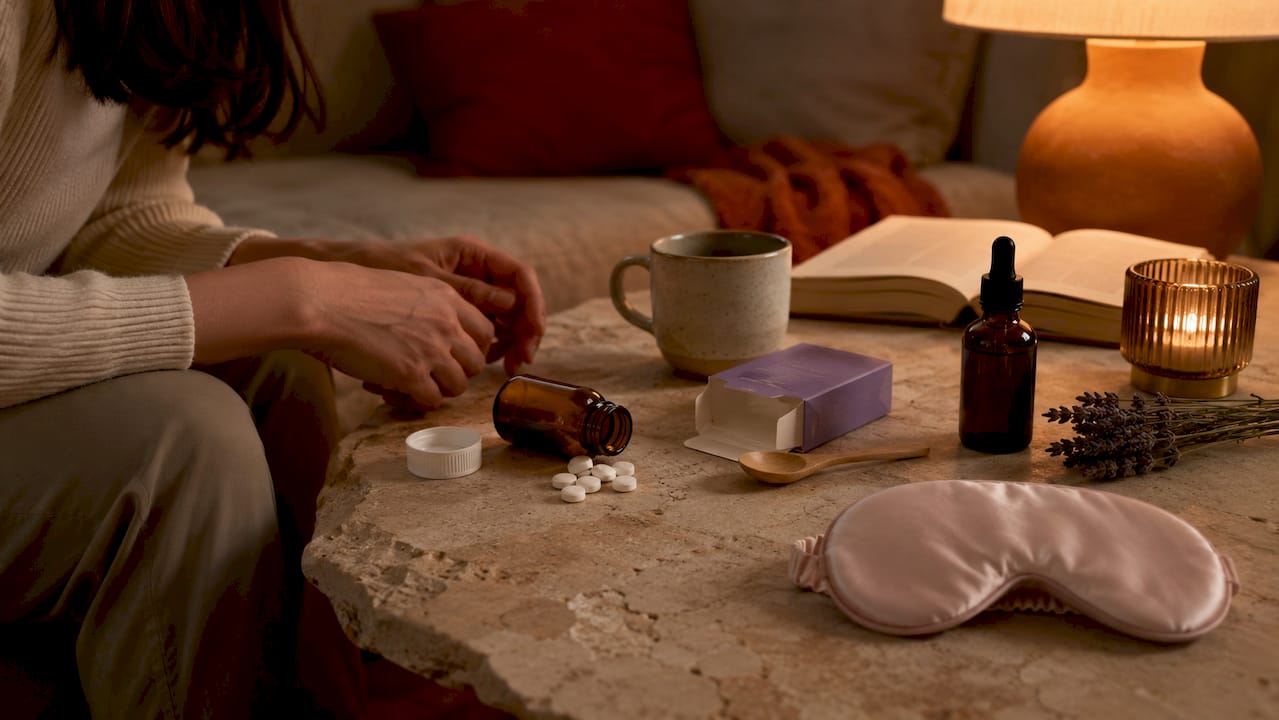 Nightstand with different types of sleep aids