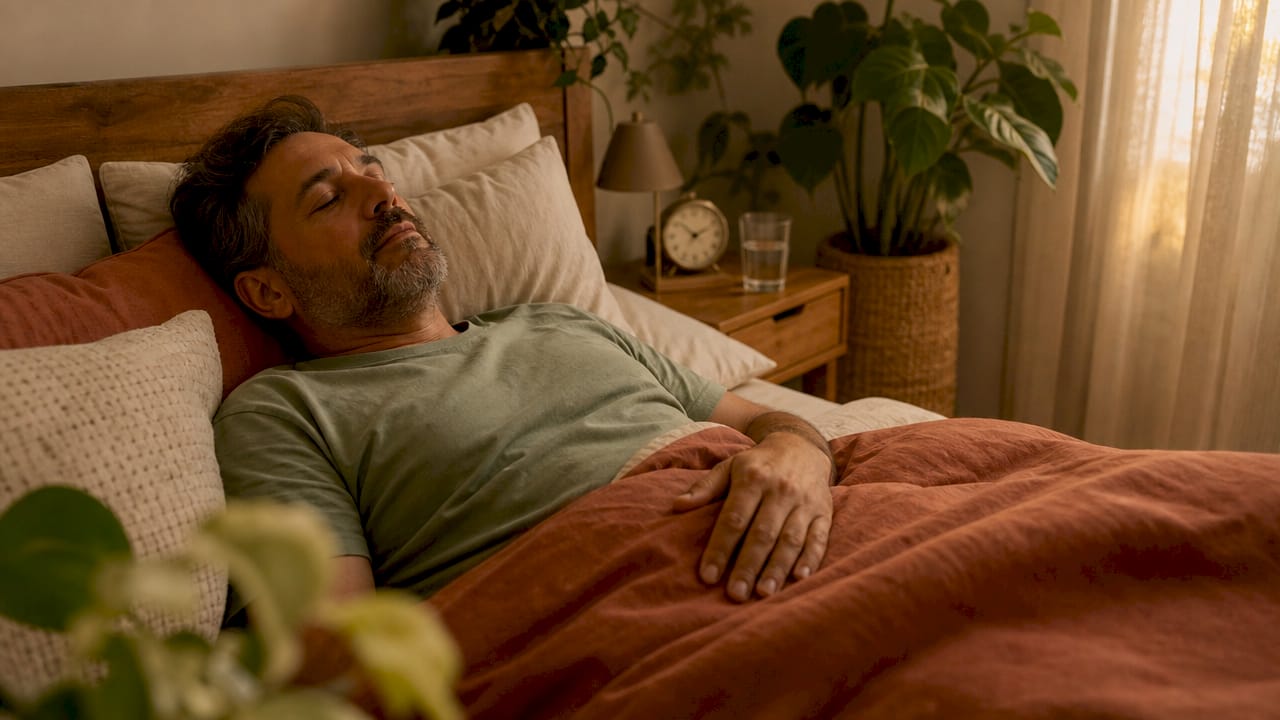 Man peacefully sleeping in cozy bedroom environment
