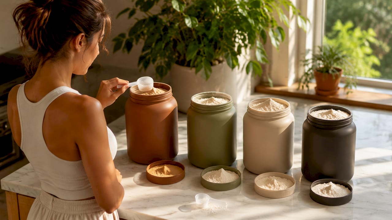 Close-up of different animal protein powders on table