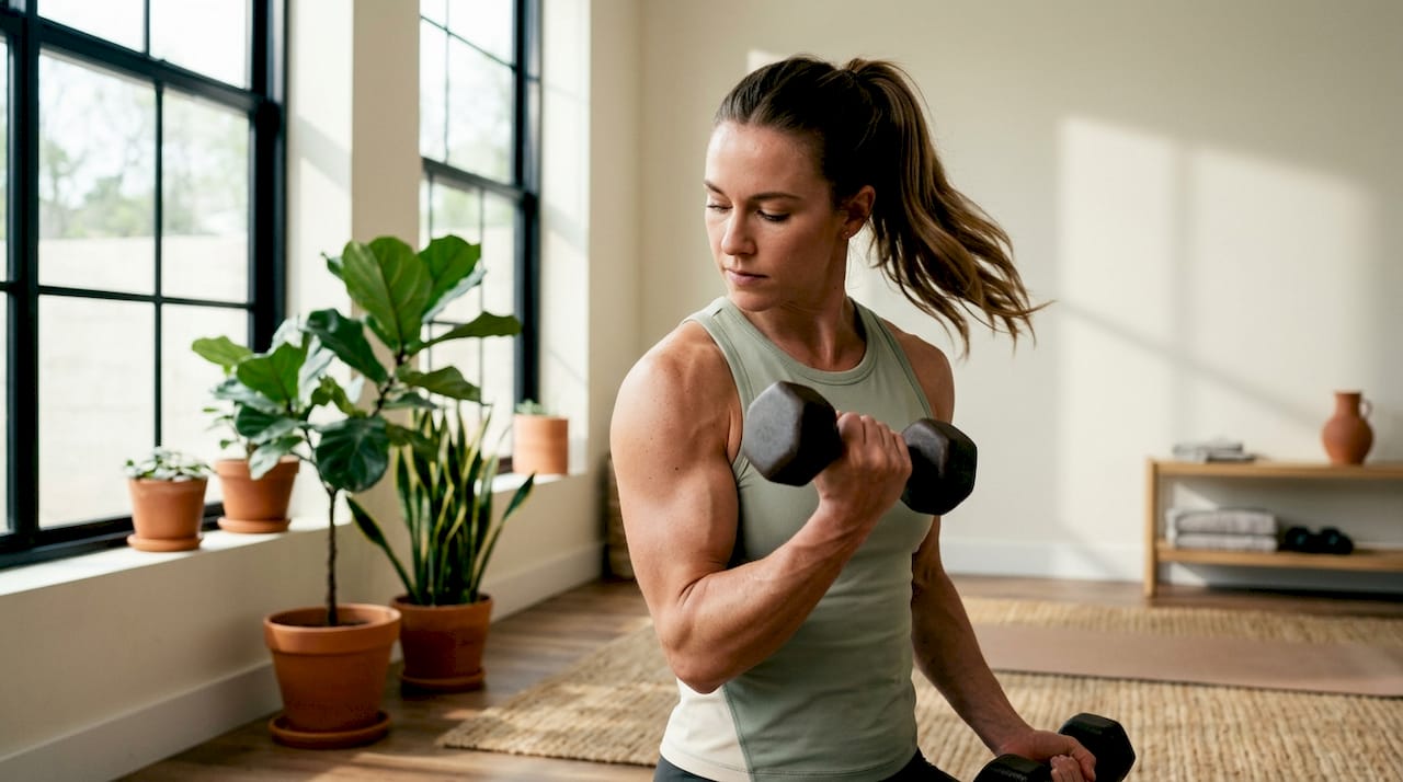 Woman lifting dumbbell at gym side view