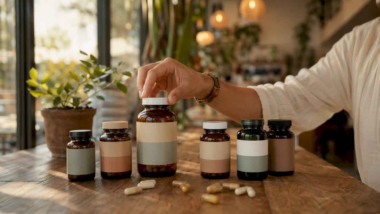 Variety of magnesium supplement bottles on white counter