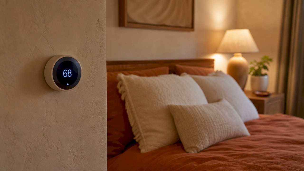 Bedroom thermostat displaying ideal temperature