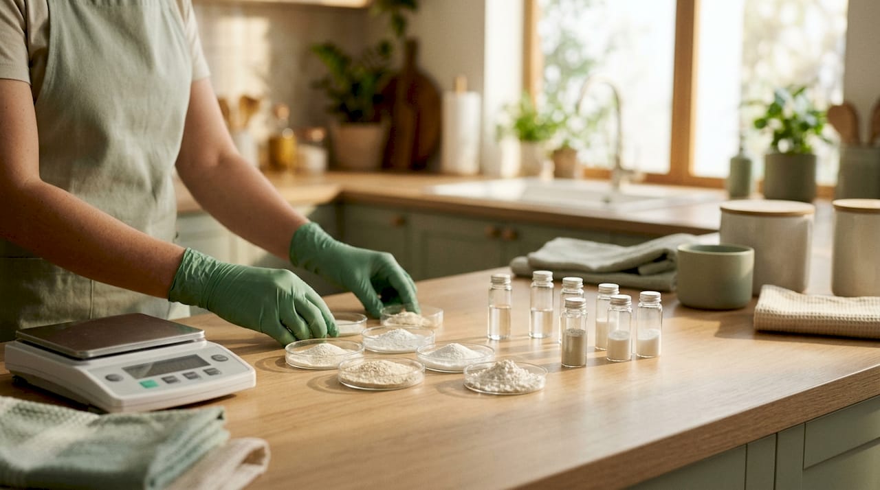 Hands with zinc supplement powders in lab setting