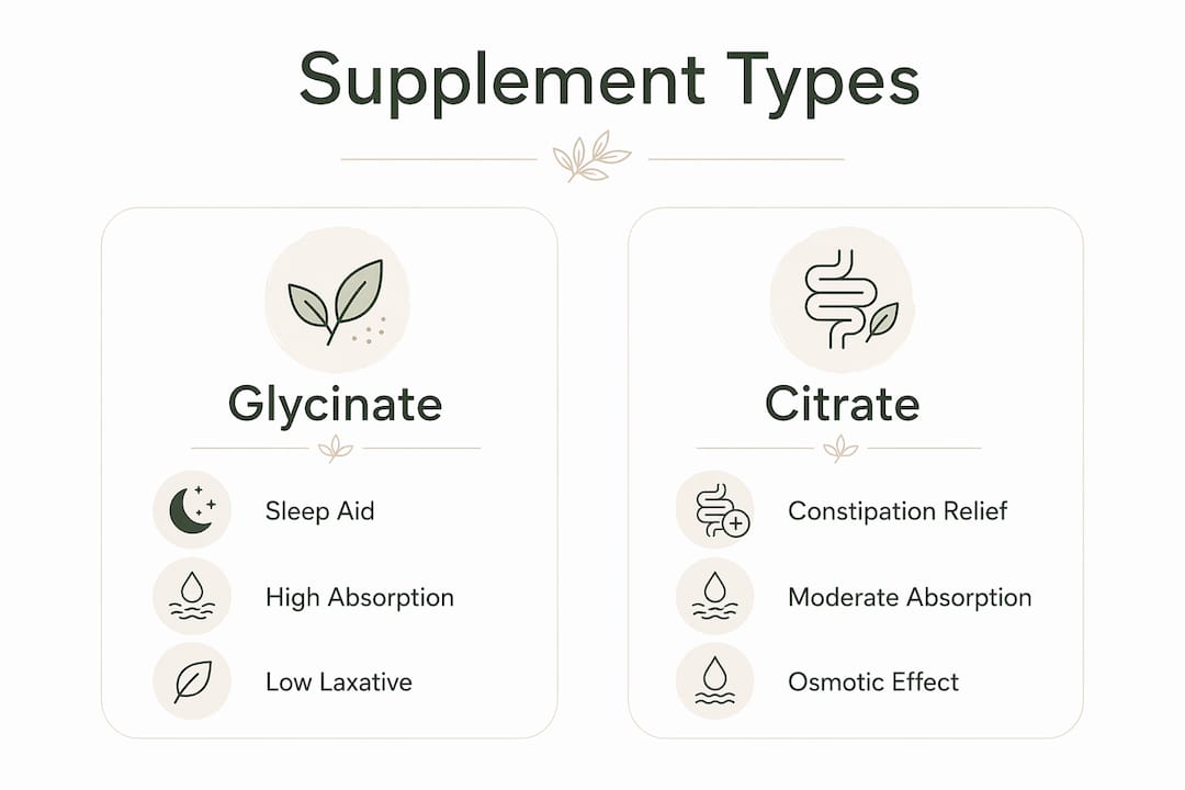 Infographic comparing glycinate and citrate magnesium supplements