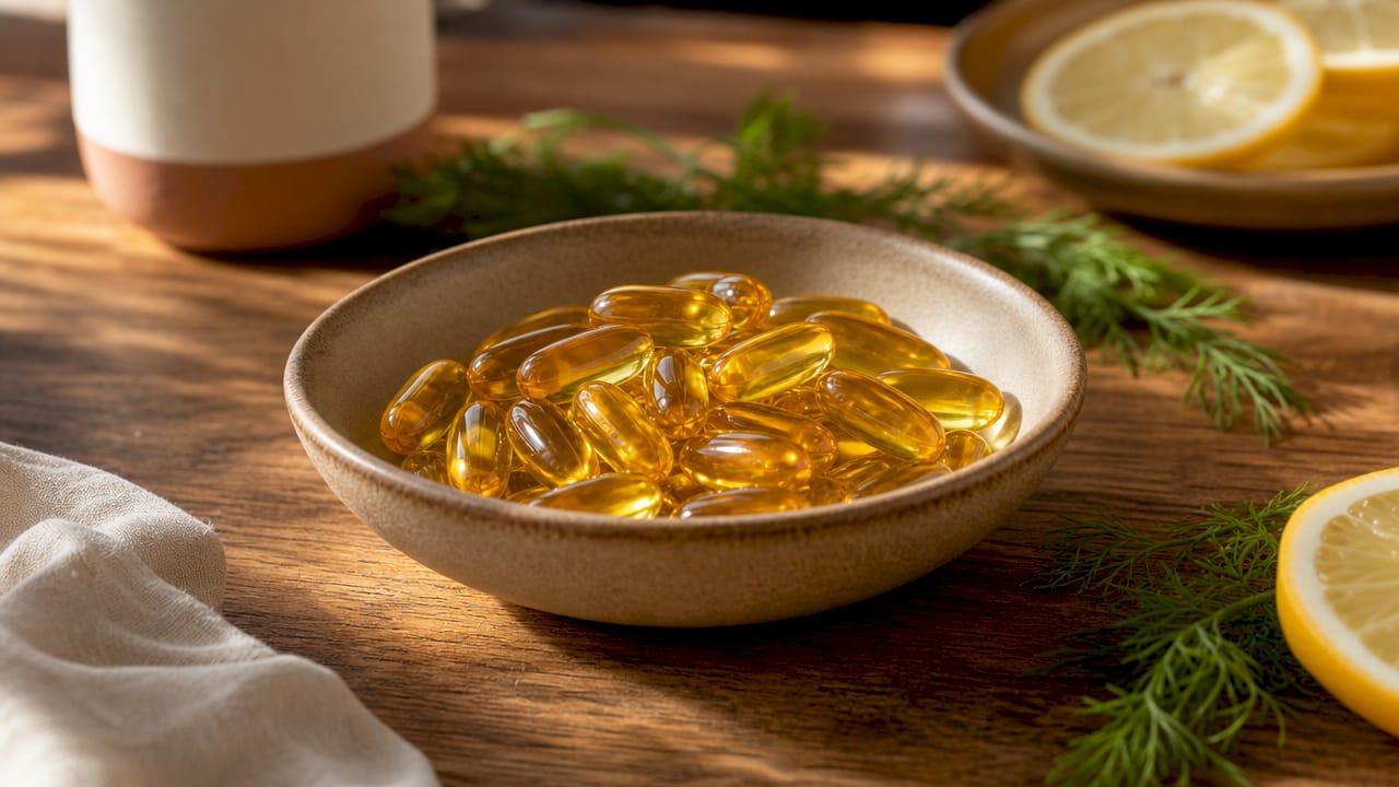 Close-up of fish oil capsules and salmon fillet